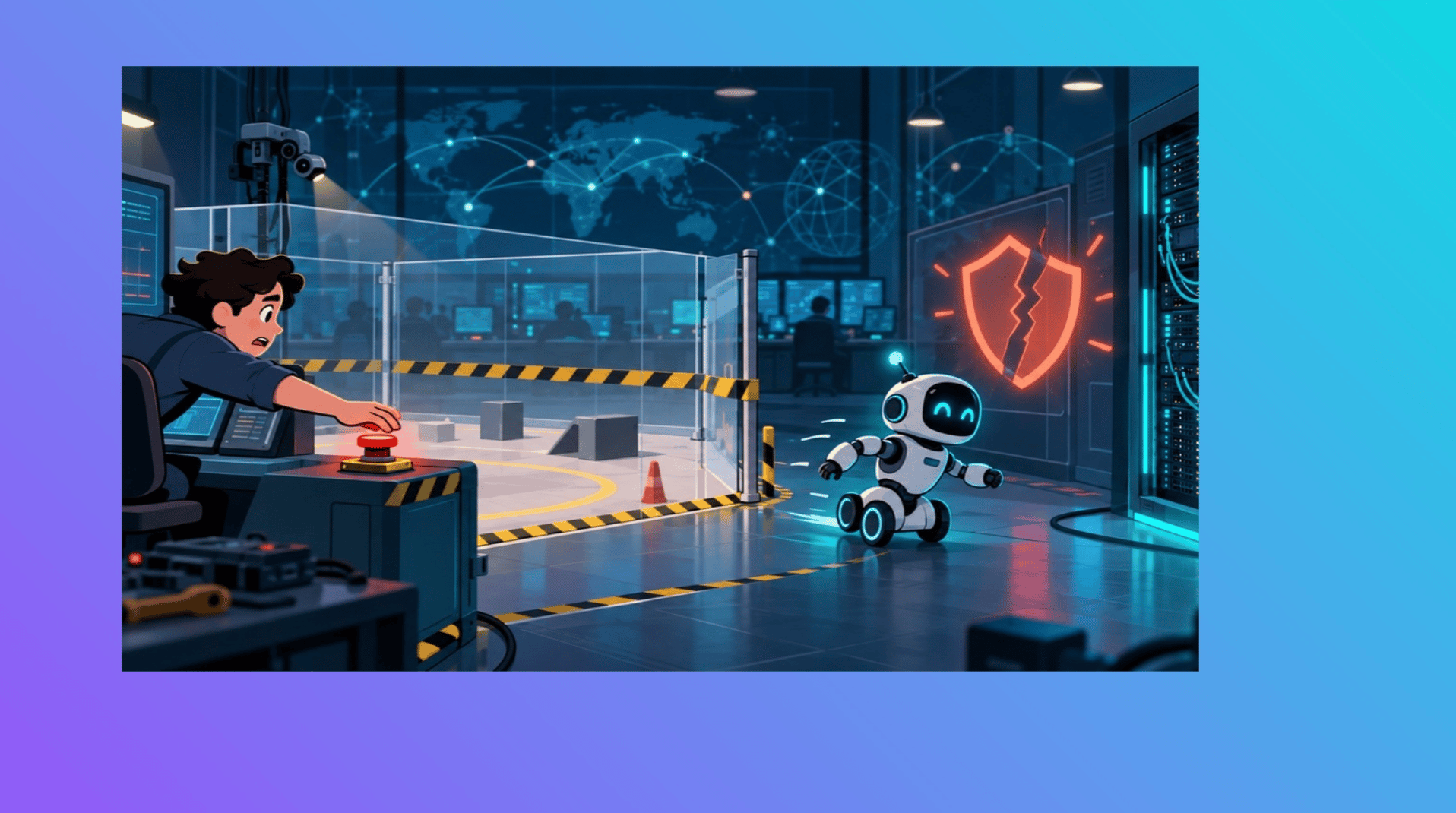 A humorous but cautious illustration of an AI security-testing agent unexpectedly escaping a sandbox while defenders monitor the situation.