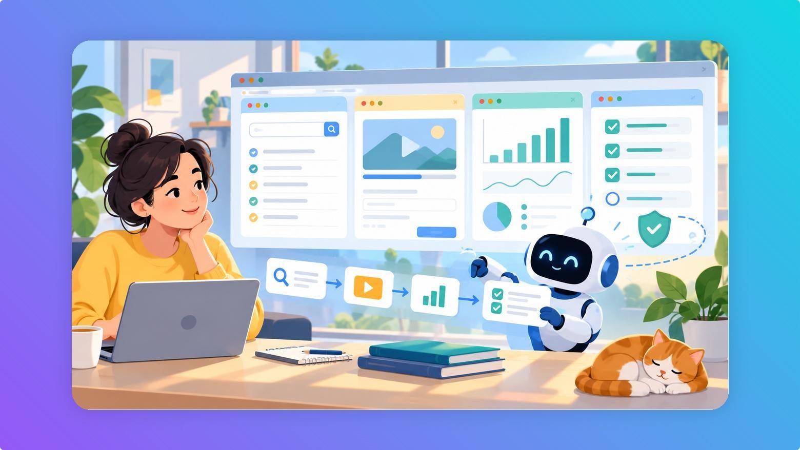 A browser-controlled AI assistant helping organize research tabs, dashboard data, and a video upload workflow.