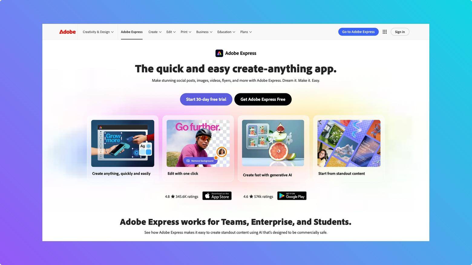 Adobe Express branded visual highlighting quick actions like remove background, resize, and thumbnail creation.