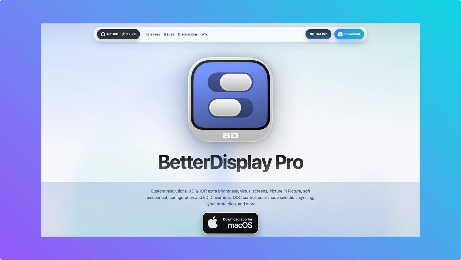 BetterDisplay homepage showing Mac display controls