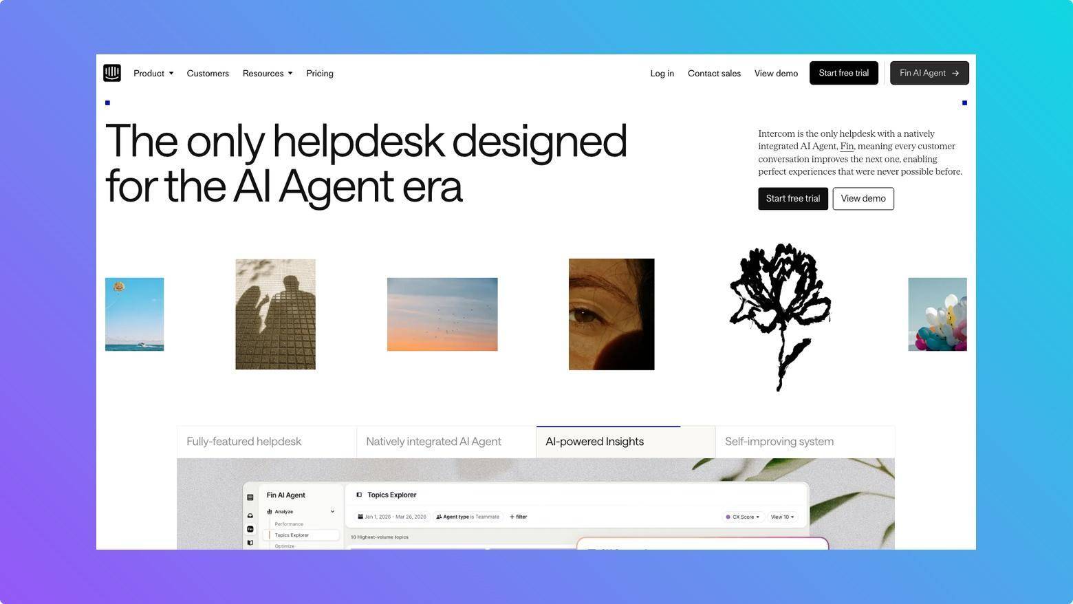 Intercom AI-powered customer support interface with chat and analytics.