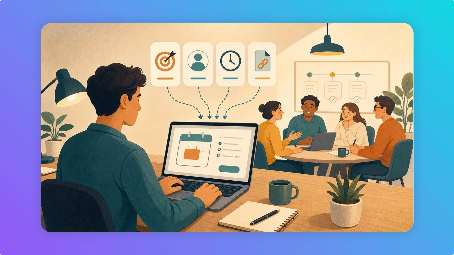 Meeting invite prepared with objective, owner, time box, and pre-read icons