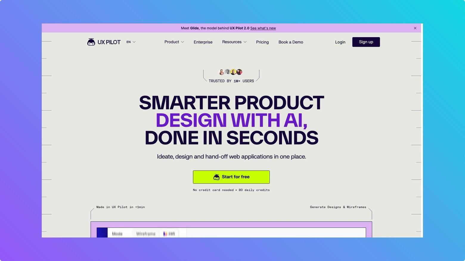 UX Pilot AI interface generating website wireframes and prototype screens from a text prompt.