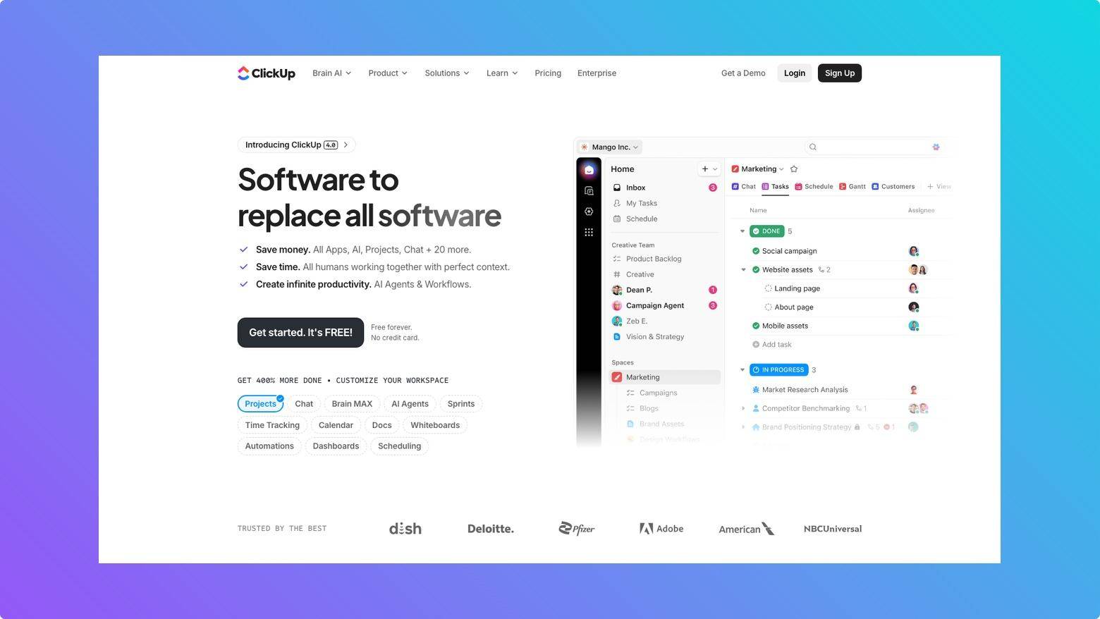 ClickUp homepage screenshot on Tooltester gradient background