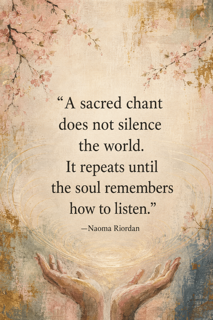 Hand-painted canvas-style artwork featuring soft cherry blossoms, golden sound ripples, and two open hands beneath the quote, “A sacred chant does not silence the world. It repeats until the soul remembers how to listen.” -Naoma Riordan.