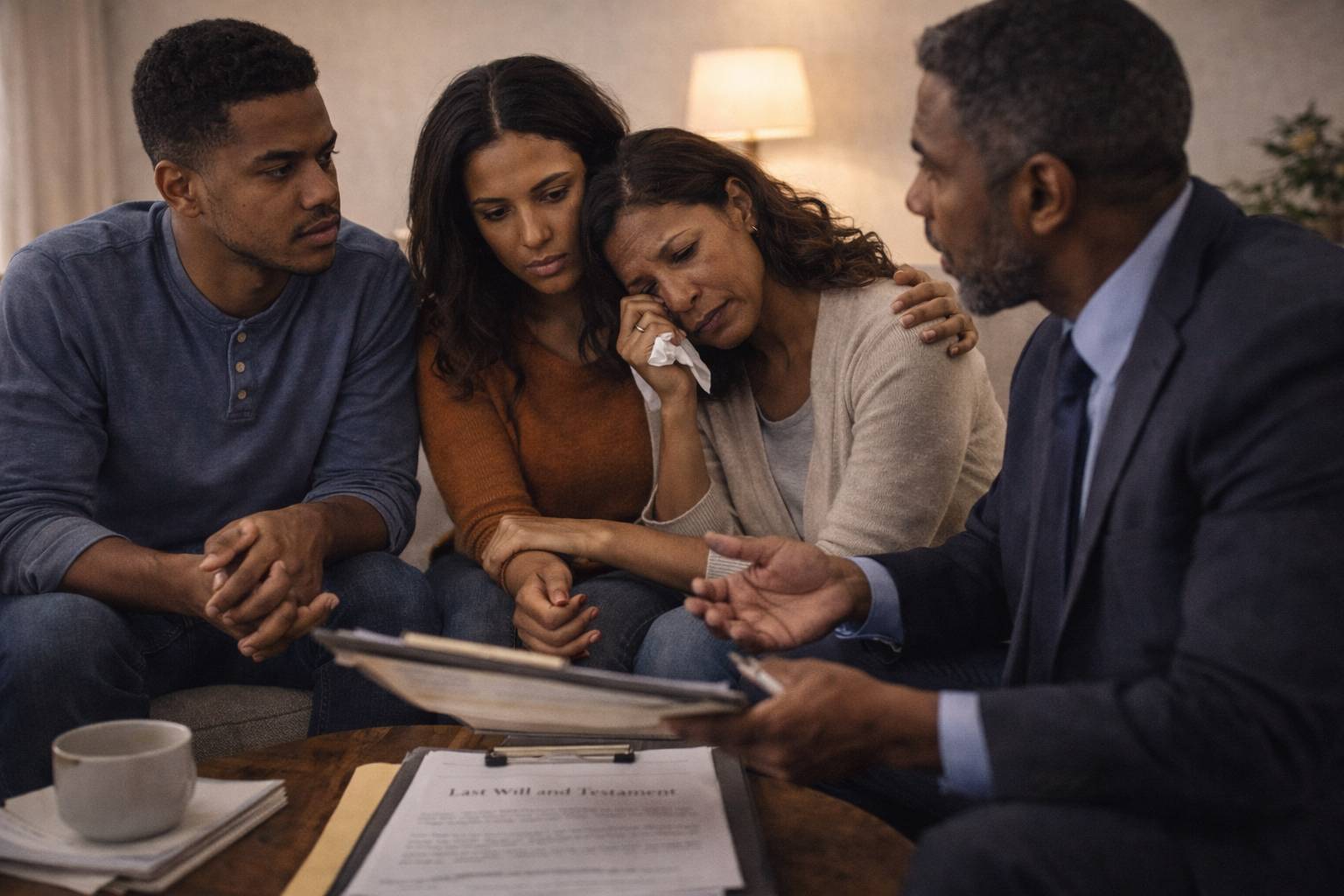 A family sitting with an attorney in a living room reviewing estate documents during a serious conversation.