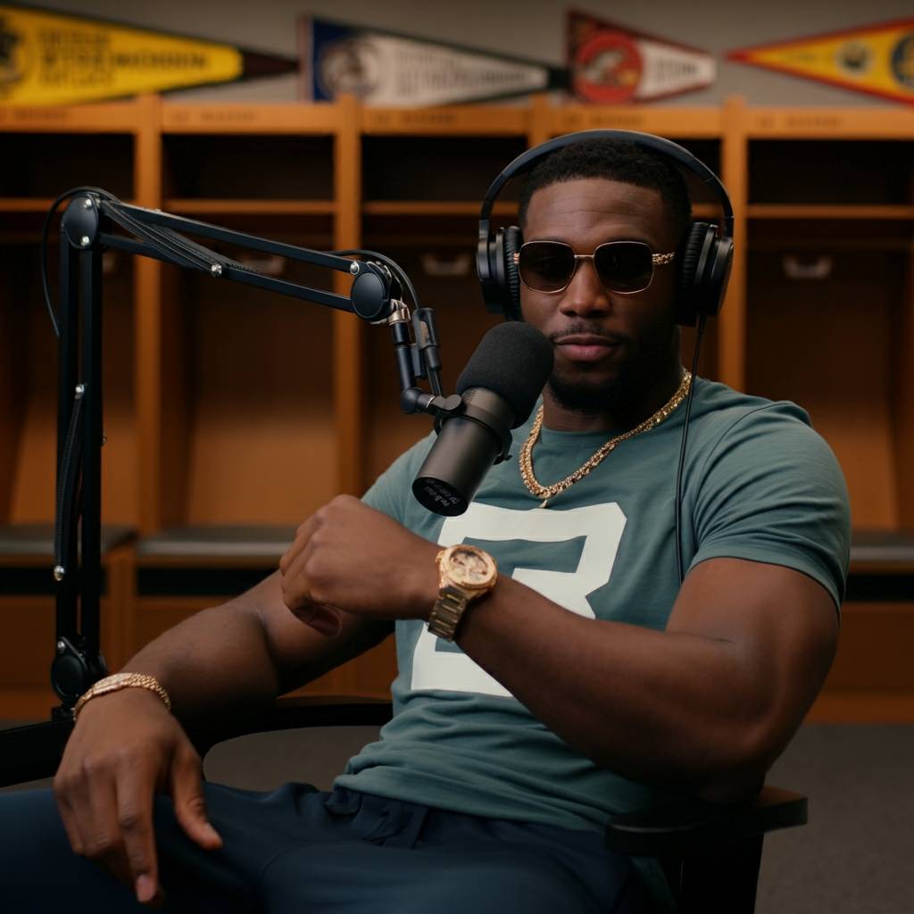 man sitting in locker room with microphonee