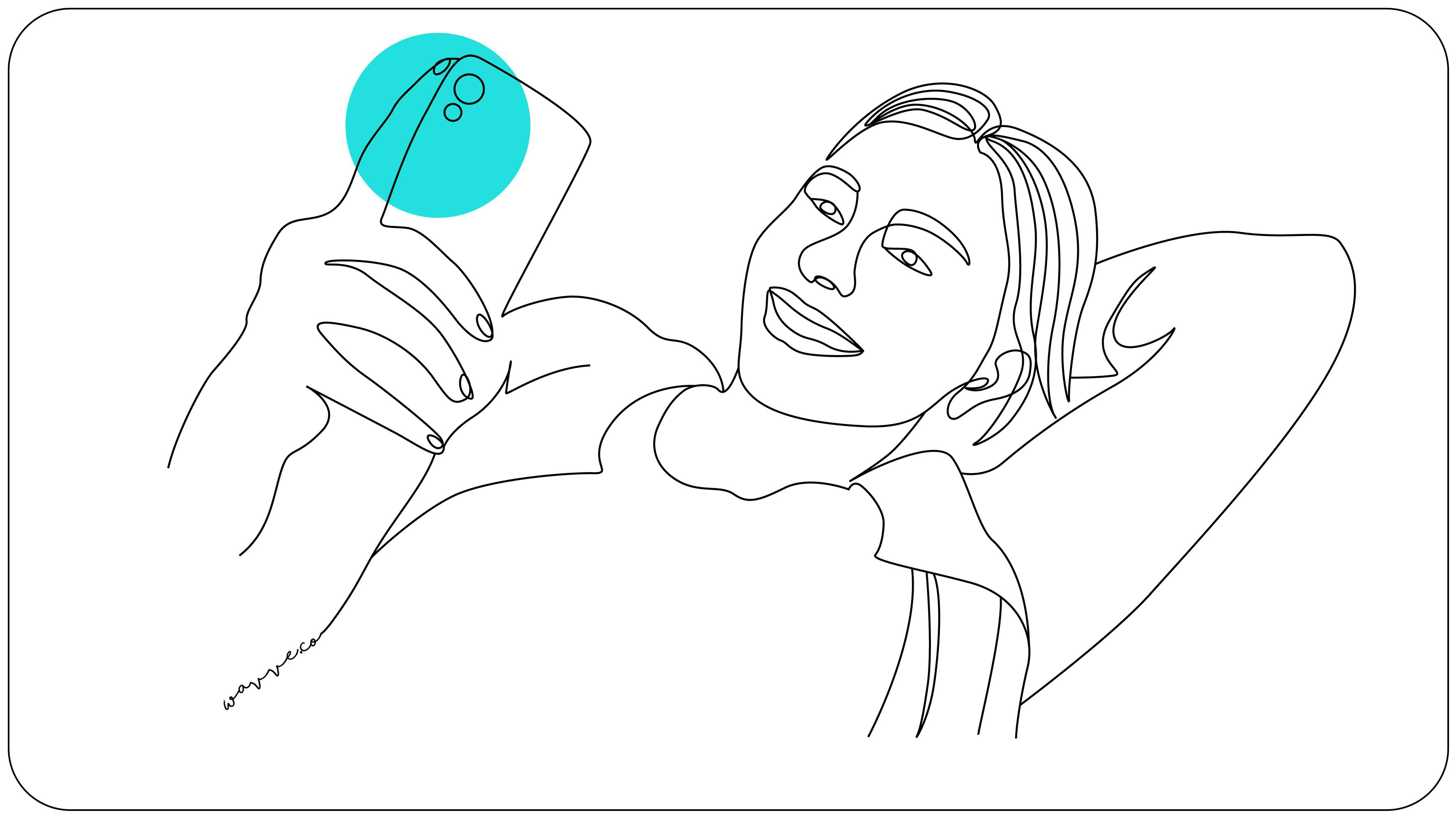 Line art of happy woman looking at her smart phone
