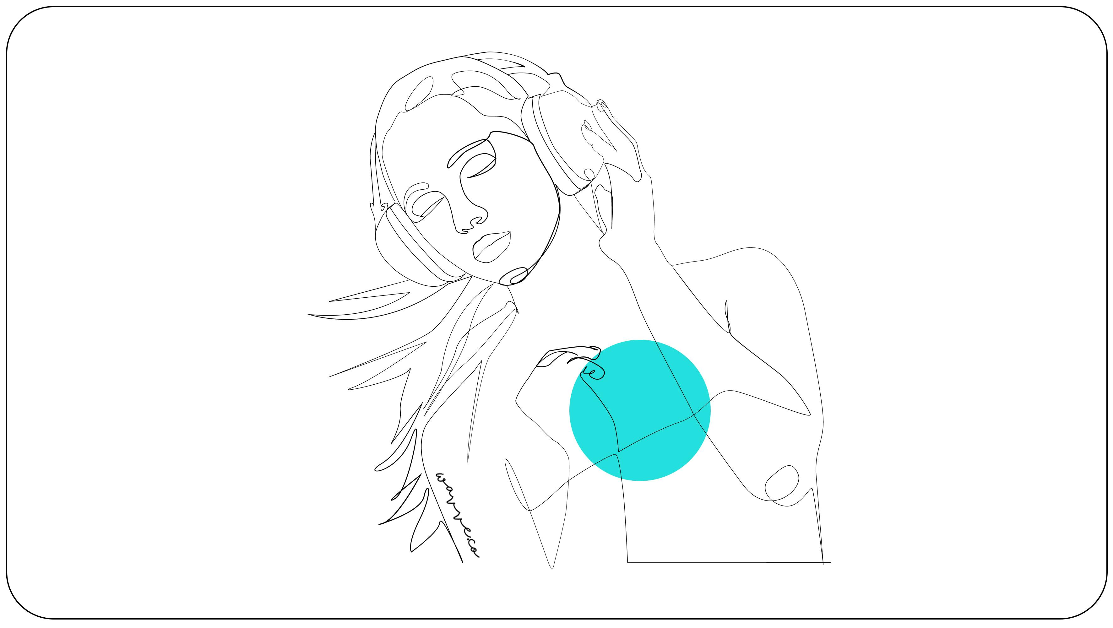 Line art of woman listening to music on headphones