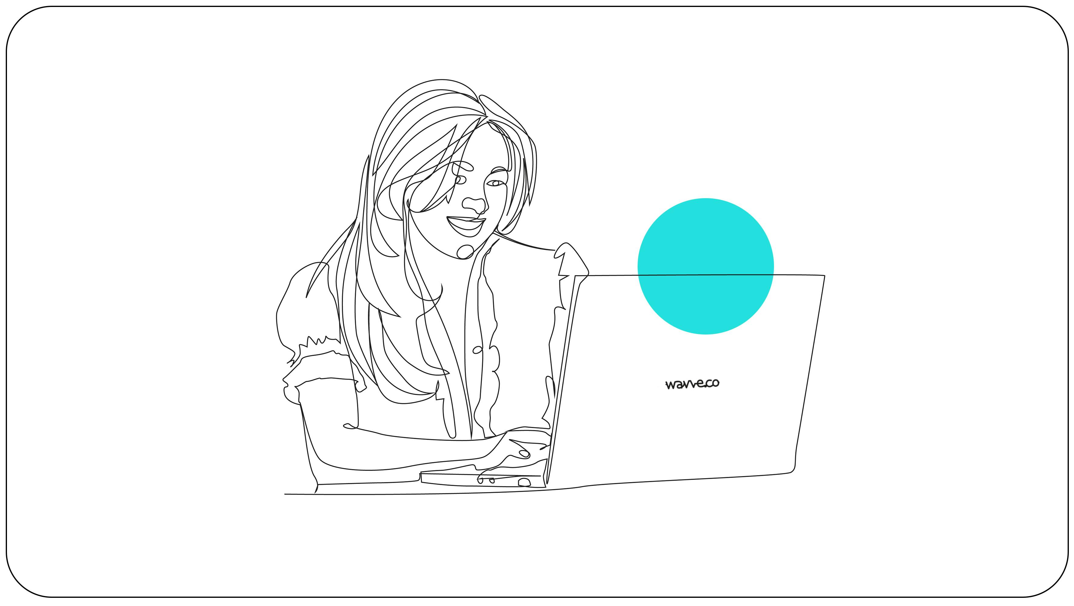 Line art of happy woman at laptop