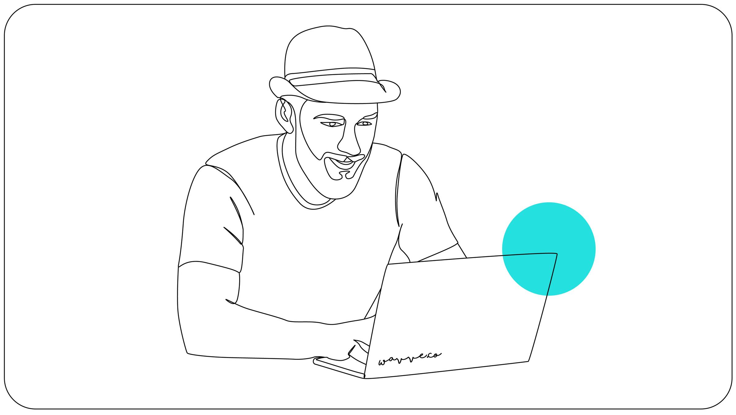 Line art of man using a laptop