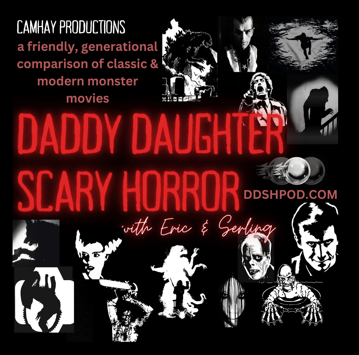 Daddy Daughter Scary Horror Podcast graphic showing monsters and movies