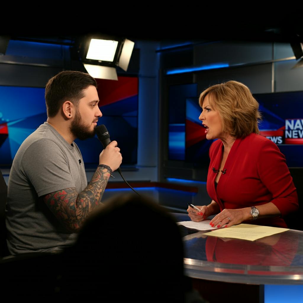 news anchor woman yelling at podcasting young man holding a microphone