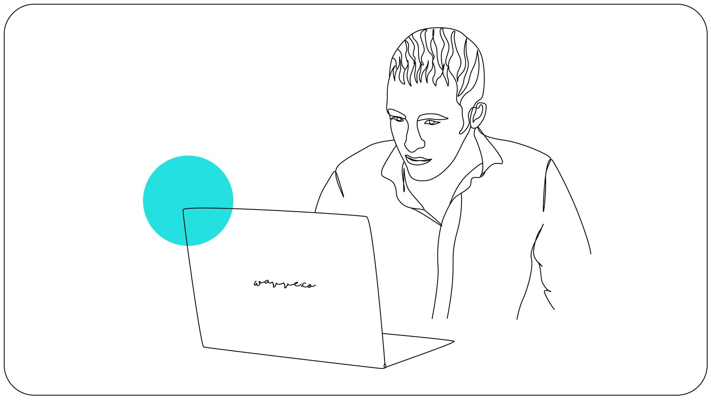 Line art of man looking at laptop