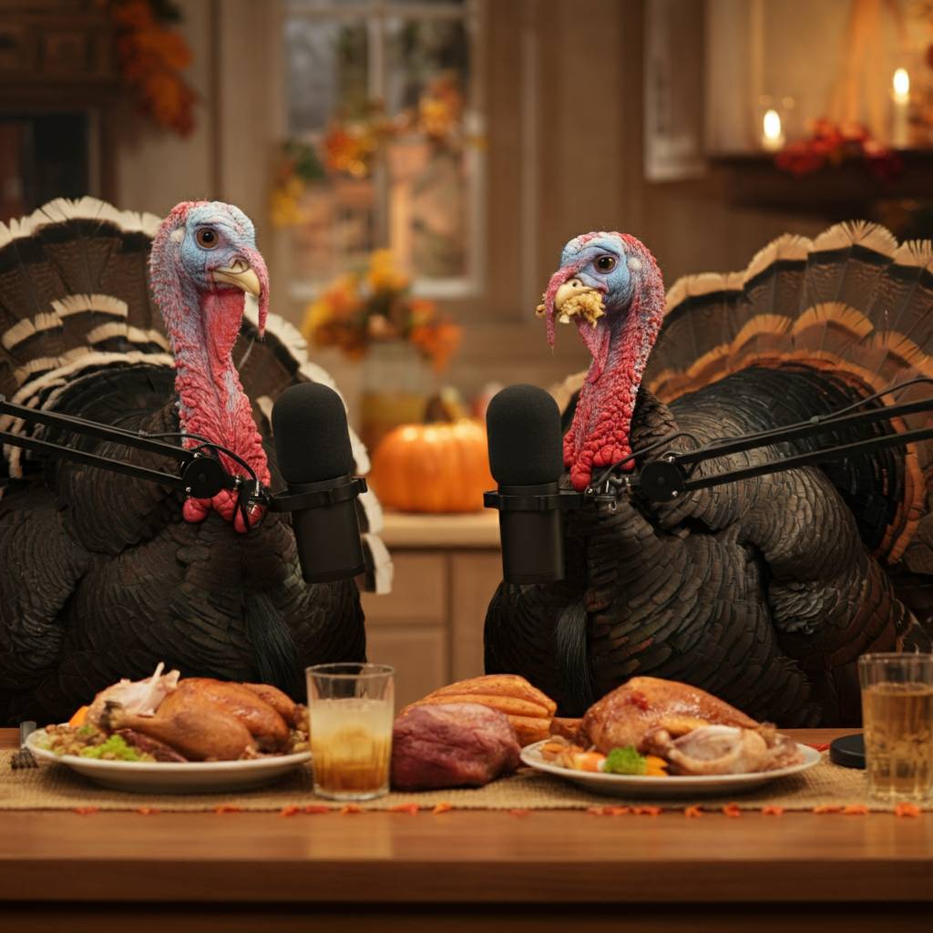 turkeys eating thanksgiving dinner while podcasting