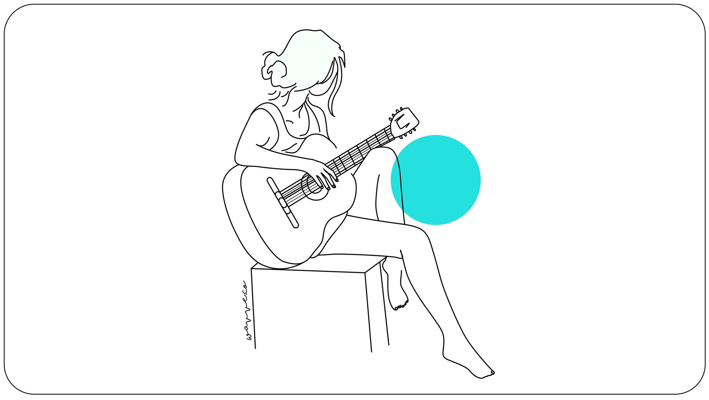 Line art of happy woman at laptop