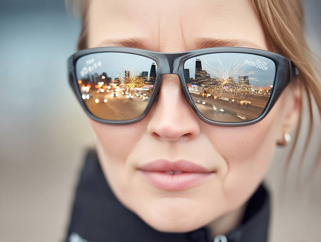 Diane Whiddon with the reflection of fireworks in her sunglasses