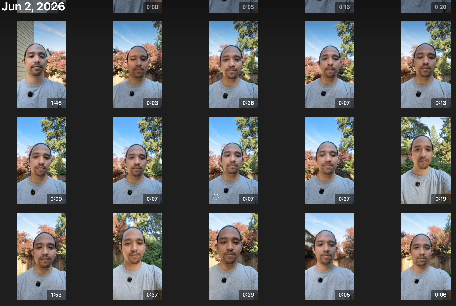 Picture of my camera roll showing multiple takes of one video I tried to record. Yay, perfectionism!