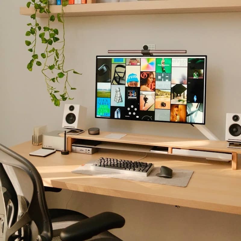 A desk with a computer monitor and keyboard