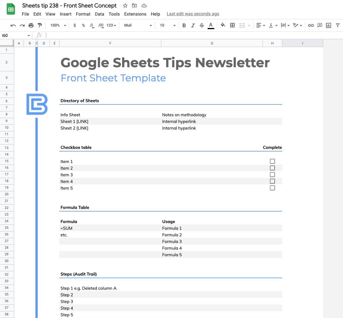 Google Sheets Front Sheet