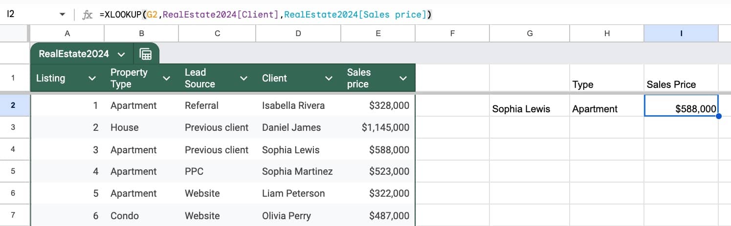 XLOOKUP formula using Table References to access data inside a Google Sheets Table