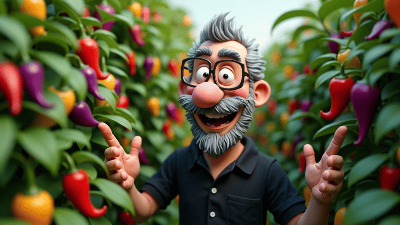 A man looks manically delighted, showing off his abundant chilli harvest.