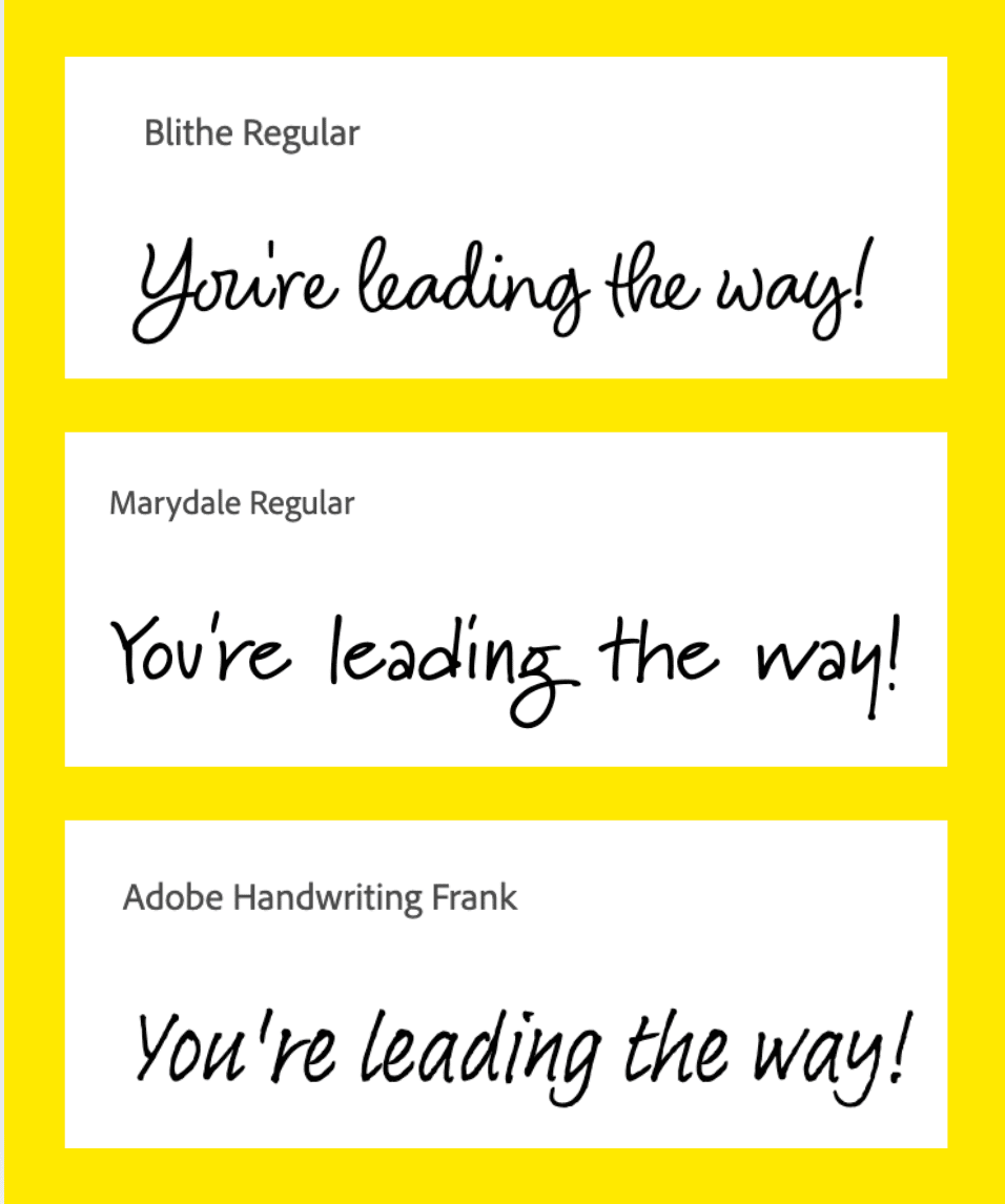 3 font examples: Blithe Regular, Marydale Regular, Adobe Handwriting Frank