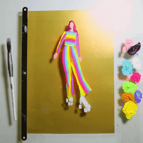 GIF of a painted woman on roller skates coming to life on the page