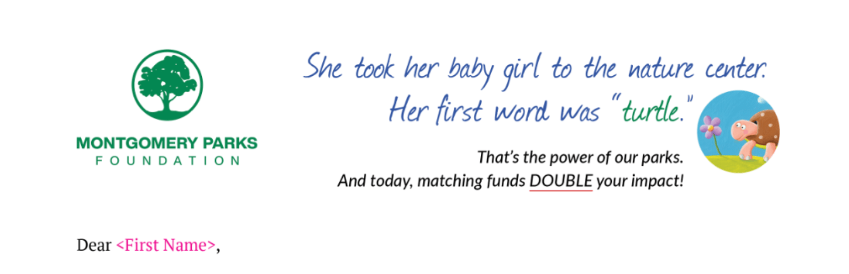 Screenshot showing Johnson Box with message: "She took her baby girl to the nature center. / Her first word was "turtle." / That's the power of our parks. / And today, matching funds DOUBLE your impact!