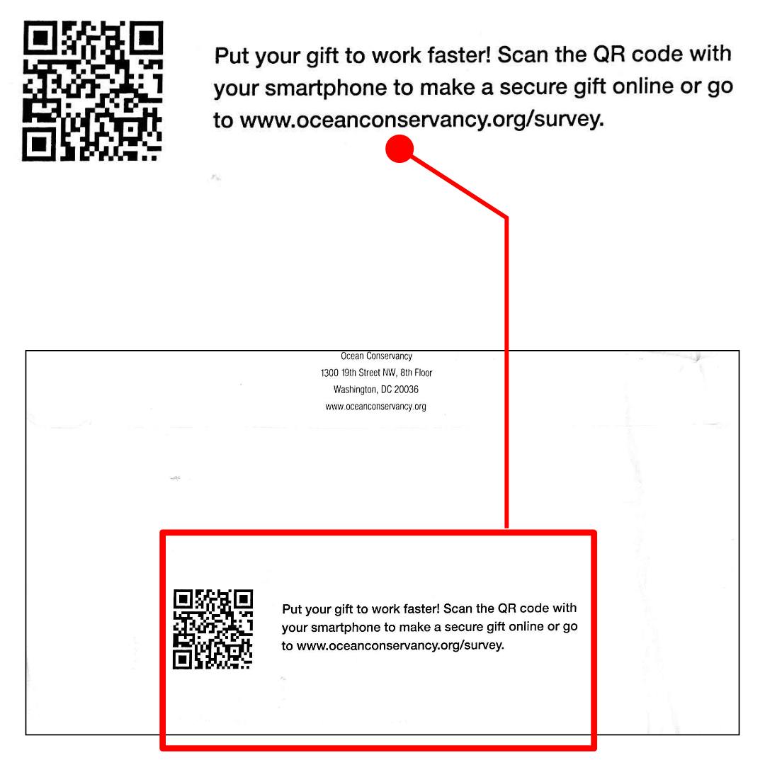 image of a QR code on the back side of a direct mail outer (carrier) envelope