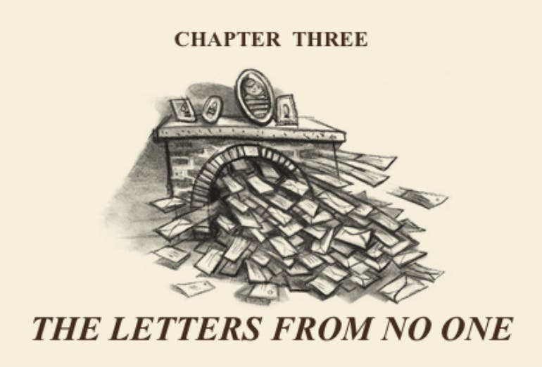 Harry Potter and the Sorcerer's Stone Chapter 3 image: letters coming out of the fireplace, with the words "Chapter Three, The Letters from No One"