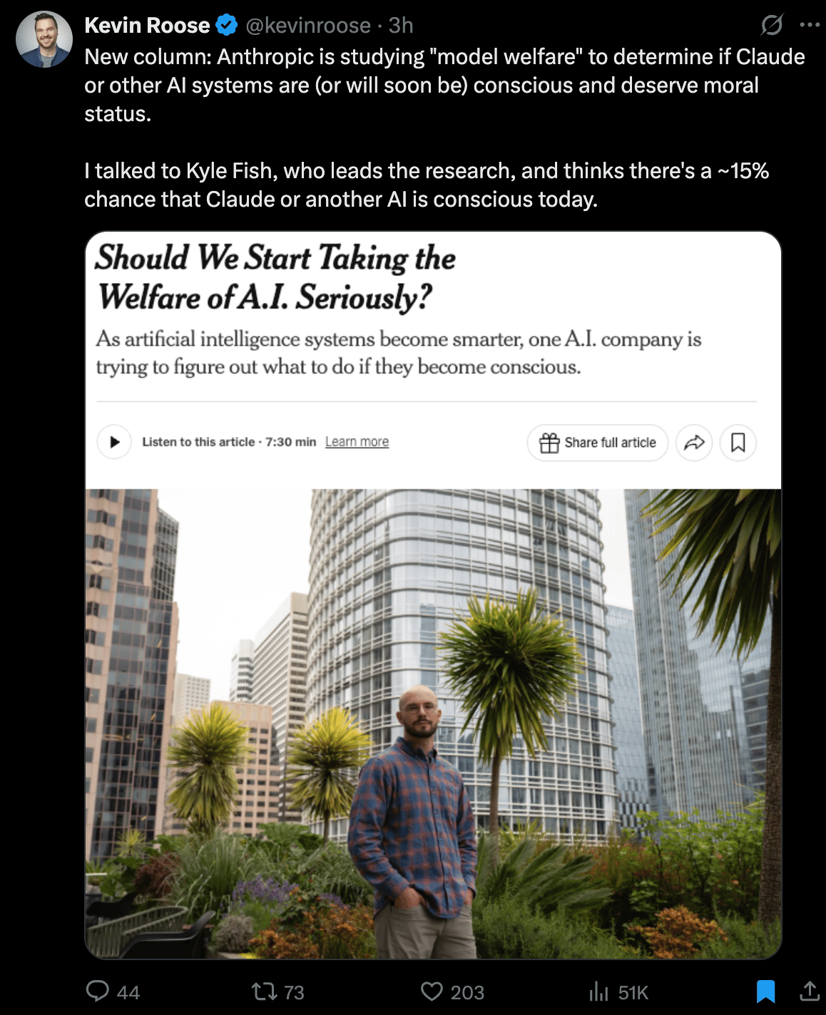 Screenshot: New column: Anthropic is studying "model welfare" to determine if Claude or other AI systems are (or will soon be) conscious and deserve moral status.  I talked to Kyle Fish, who leads the research, and thinks there's a ~15% chance that Claude or another AI is conscious today.