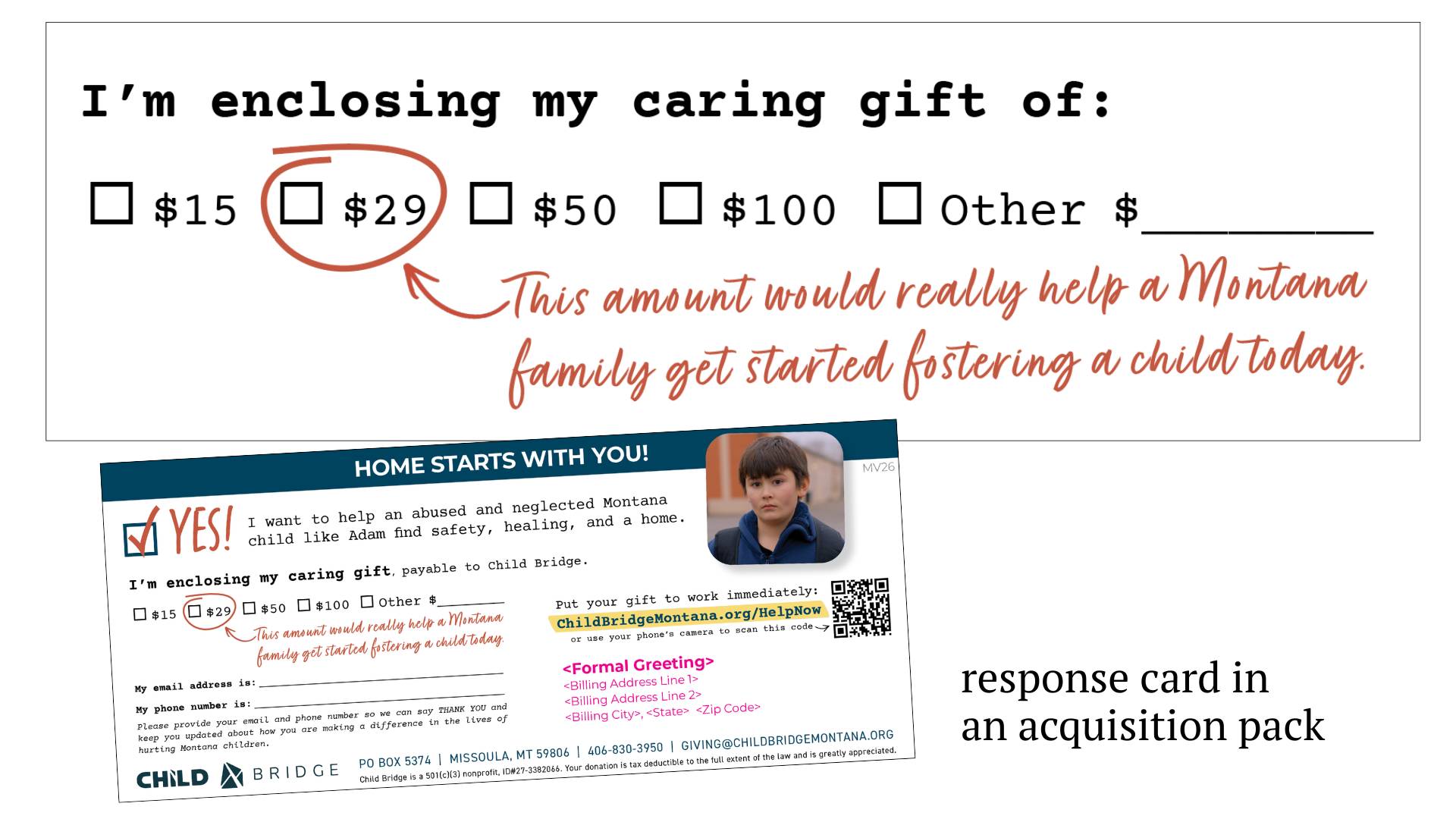 A response card with the handwriting font: "This amount would really healp a Montana family get started fostering a child today."