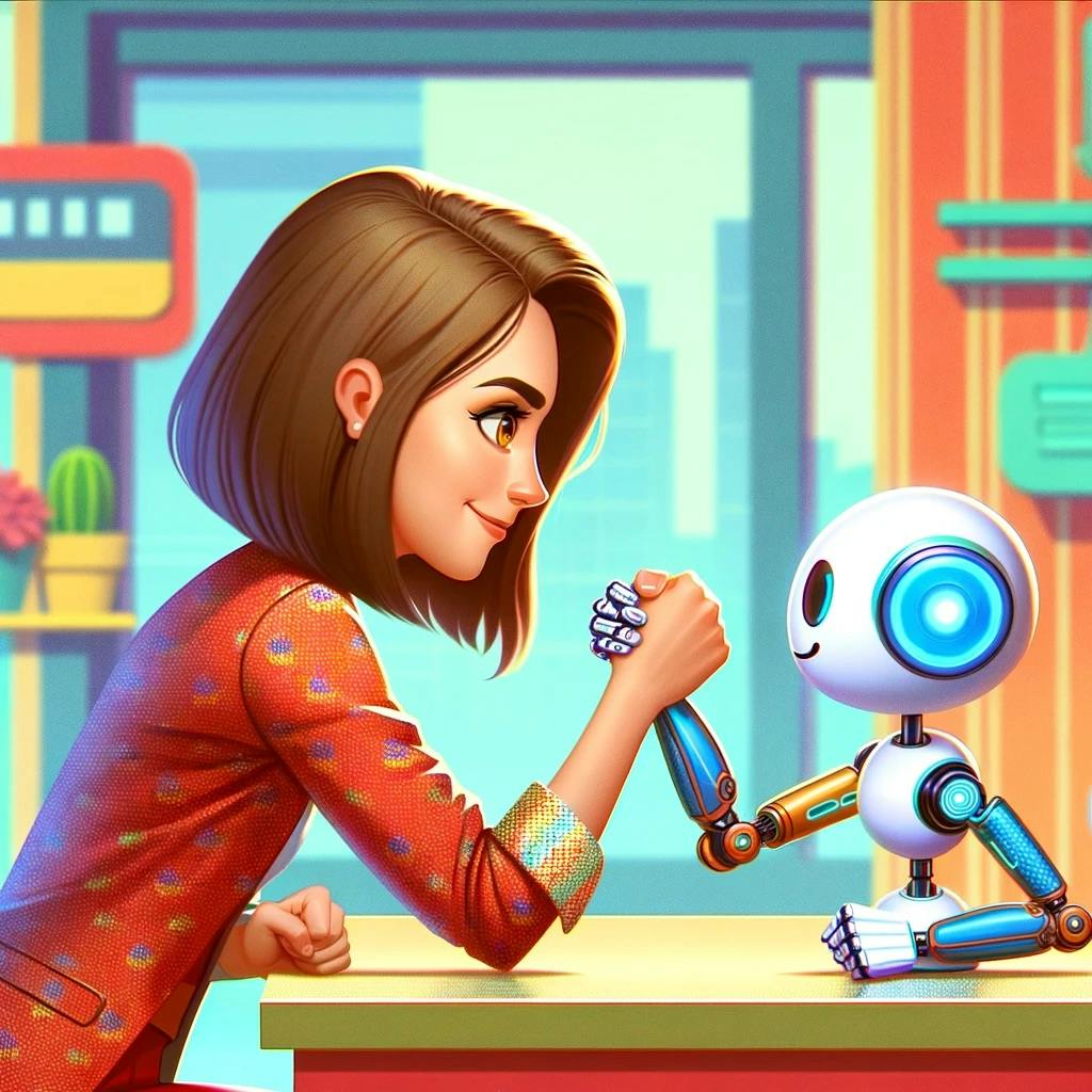 an AI image of Julie arm wrestling a robot