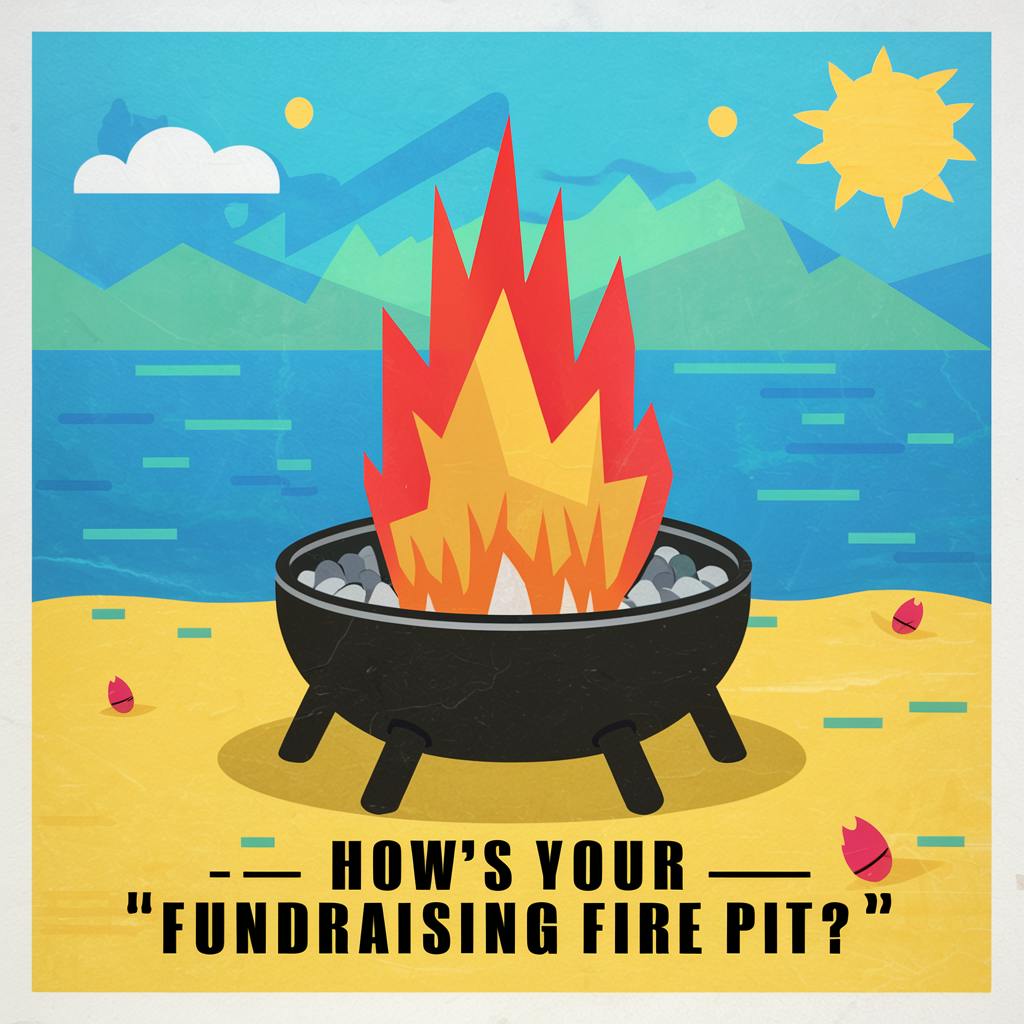 an AI-generated image of a cartoonish fire pit on a sandy beach, labeled "How's your fundraising fire pit?"