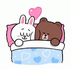 cartoon gif of a rabbit and a bear snuggling in bed 
