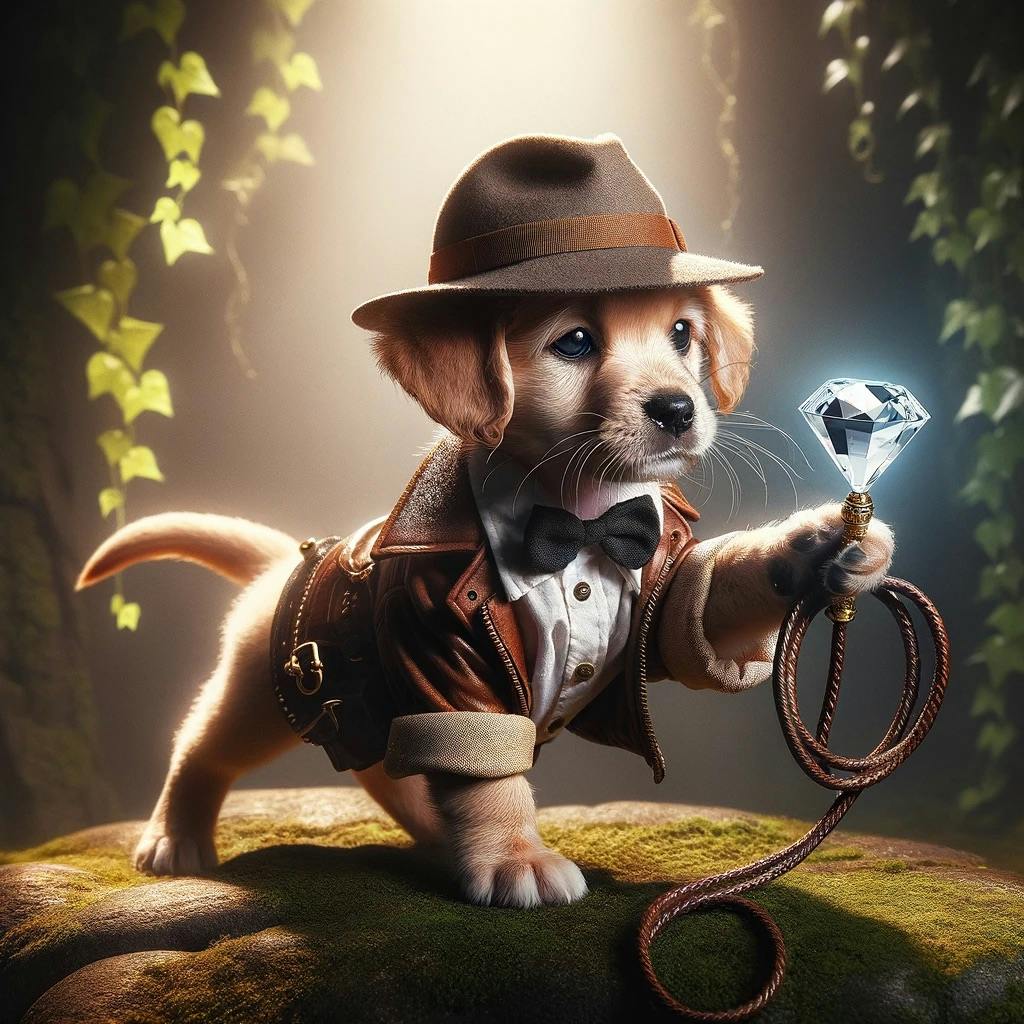 an AI image of an adventurer puppy who has found a diamond