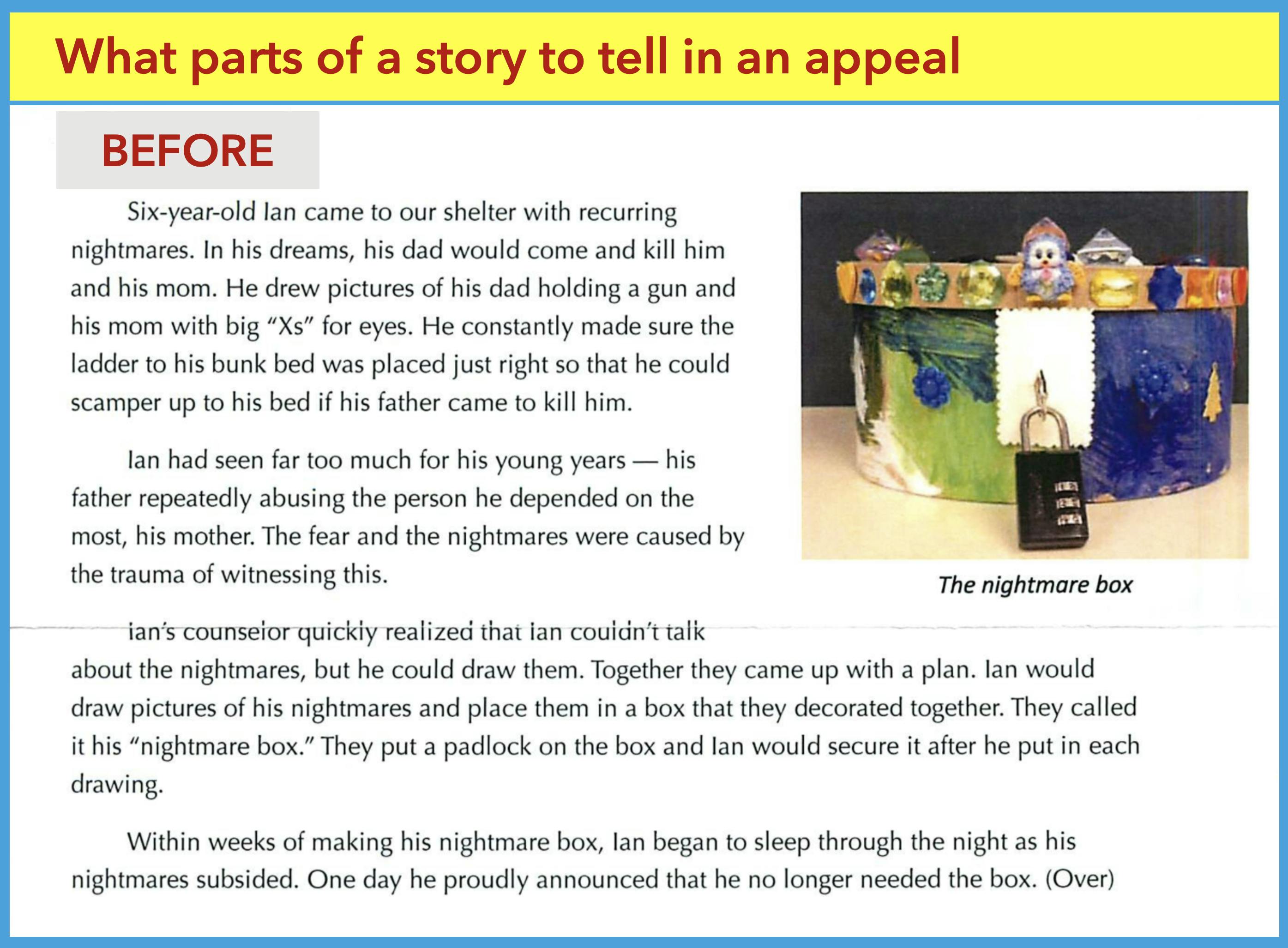Screenshot showing the first page of an appeal letter story about a boy named Ian who uses a nightmare box in therapy to help him deal with the trauma of abuse.