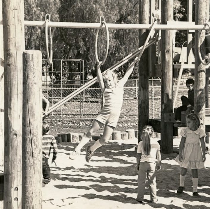 black and white 1970s photo of a girl on monkey bars