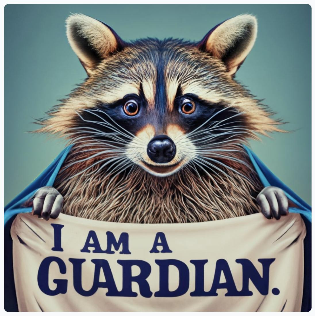 image of a racoon wearing a blue cape and holding a sign that reads "I am a guardian."