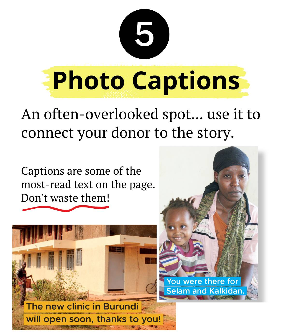 A graphic labeled with a black circle containing the number ‘5’ at the top. Below it, the heading ‘Photo Captions’ appears over a yellow brushstroke. Supporting text reads, ‘An often-overlooked spot… use it to connect your donor to the story.’ Additional text notes, ‘Captions are some of the most-read text on the page. Don’t waste them!’ with a red underline. The lower portion shows two example photos with donor-focused captions. One photo shows a clinic building under construction with a caption that reads, ‘The new clinic in Burundi will open soon, thanks to you!’ The other photo shows a woman holding a young child, with a caption that reads, ‘You were there for Selam and Kalkidan.’ The examples demonstrate how captions can highlight donor impact.