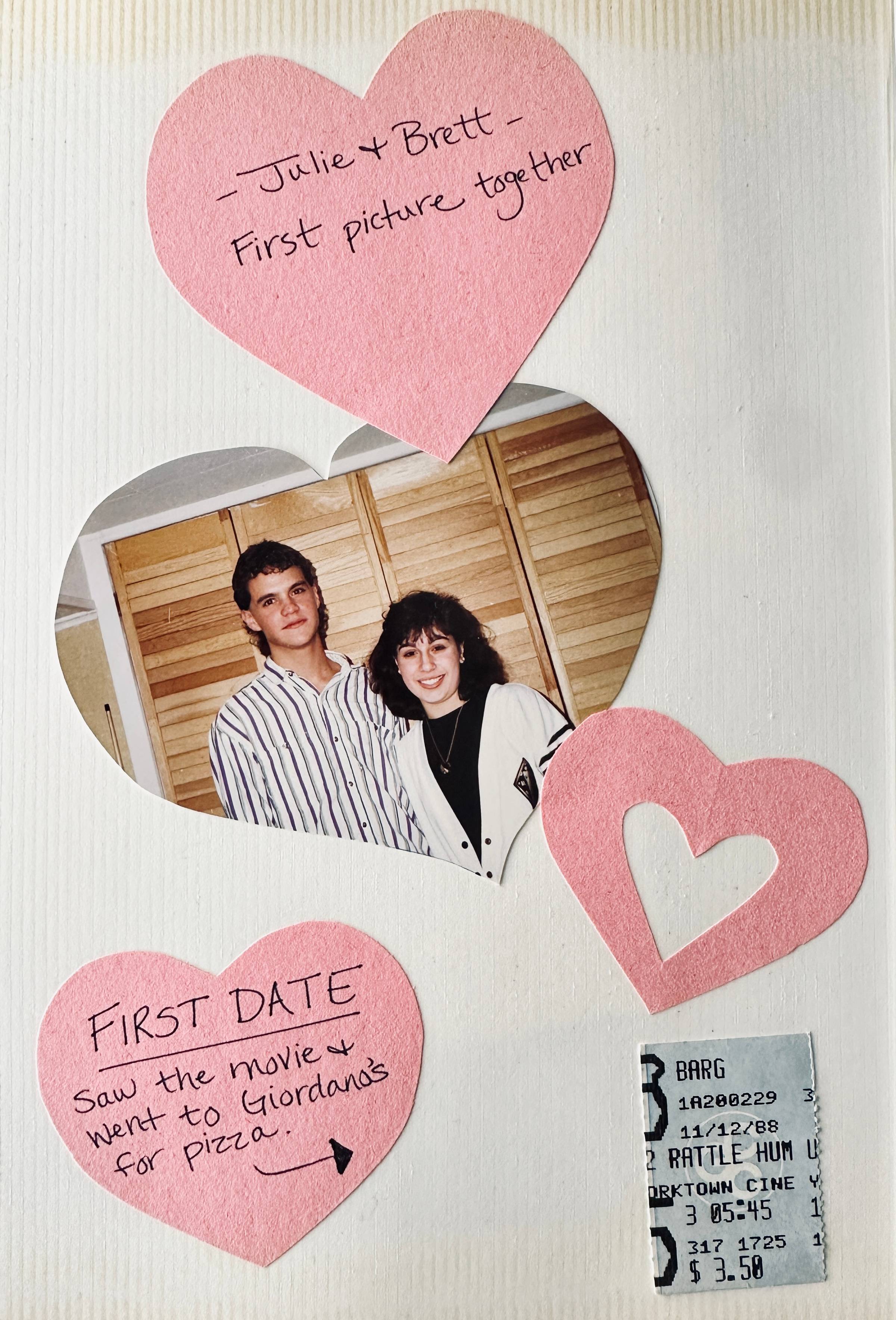 photo of a keepsake album page showing the first pic of Brett and Julie on their first date, plus a movie ticket stub
