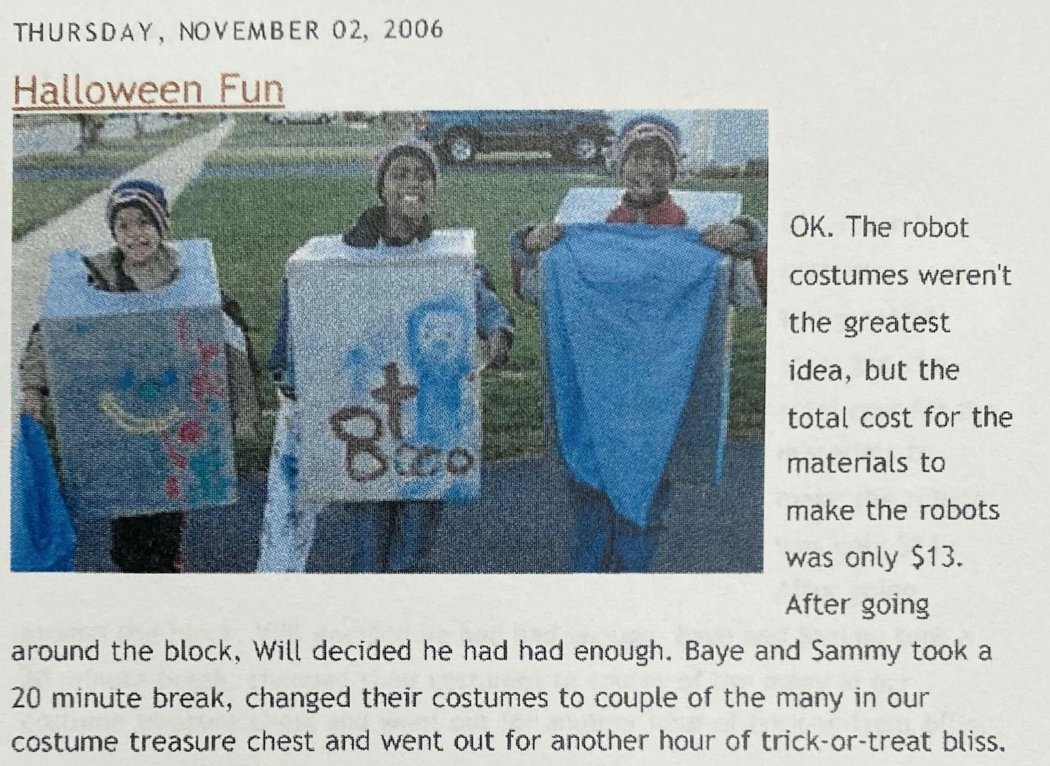 a screenshot of the mom blog entry Julie wrote about the boxy robot Halloween costumes in 2006