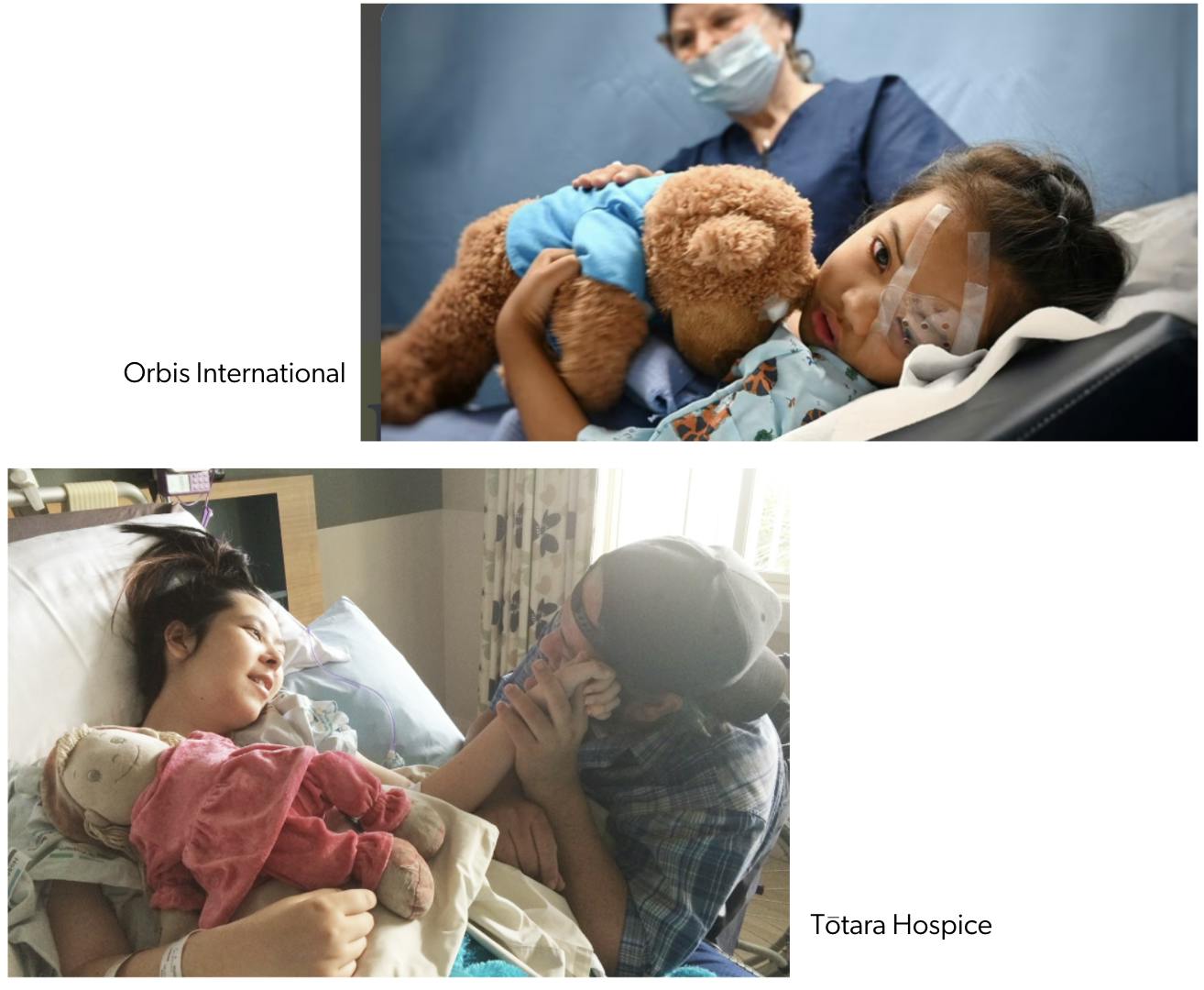 top photo of girl who just came out of eye surgery. Bottom photo is of a girl in a hospital bed. Her dad her holding her hand