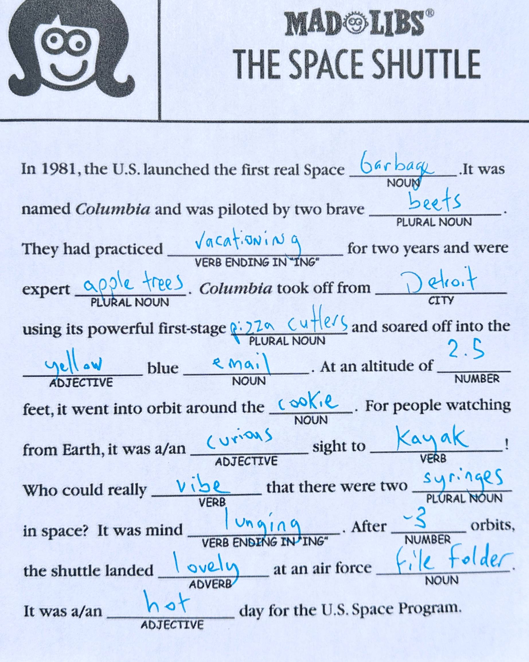 screenshot of a completed Mad Lib: "In 1981, the U.S. launched the first real Space garbage. It was named Columbia and was piloted by two brave beets. They had practiced vacationing for two years and were expert apple trees. Columbia took off from Detroit