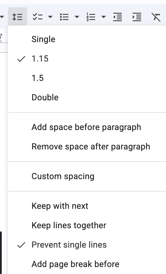Line and paragraph spacing dropdown menu showing spacing choices (Single, 1.15 selected, 1.5, Double) and paragraph/layout options, with ‘Prevent single lines’ checked.