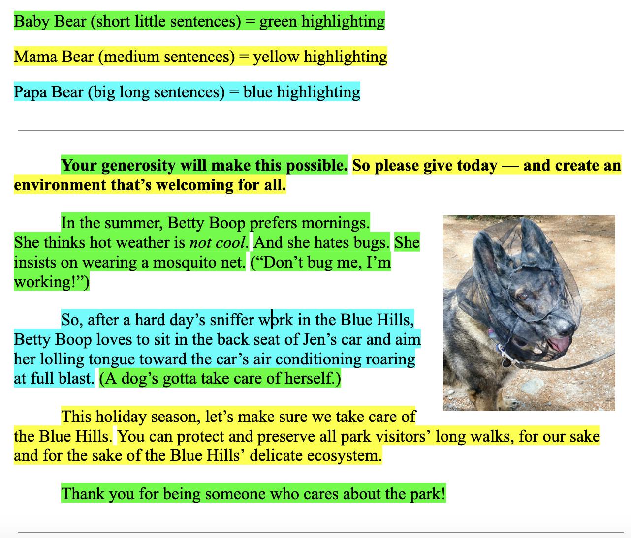 Baby Bear (short little sentences) = green highlighting Mama Bear (medium sentences) = yellow highlighting Papa Bear (big long sentences) = blue highlighting  Your generosity will make this possible. So please give today — and create an environment that’s welcoming for all. In the summer, Betty Boop prefers mornings.  She thinks hot weather is not cool. And she hates bugs. She insists on wearing a mosquito net. (“Don’t bug me, I’m working!”) So, after a hard day’s sniffer work in the Blue Hills, Betty Boop loves to sit in the back seat of Jen’s car and aim her lolling tongue toward the car’s air conditioning roaring at full blast. (A dog’s gotta take care of herself.) This holiday season, let’s make sure we take care of the Blue Hills. You can protect and preserve all park visitors’ long walks, for our sake and for the sake of the Blue Hills’ delicate ecosystem.  Thank you for being someone who cares about the park!