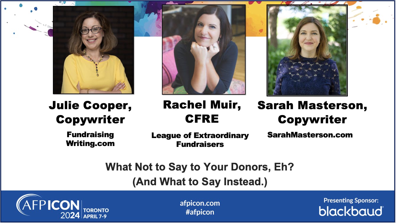 screenshot showing that Julie, Rachel Muir, and Sarah Masterson will be presenting at AFP ICON 2024 in Toronto