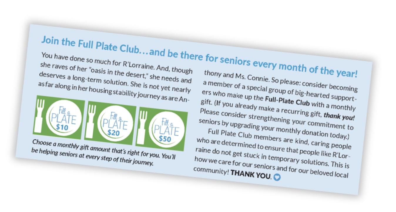 image of a section of the back cover of the newsletter. The title is "Join the Full Plate Club... and be there for seniors every month of the year!"