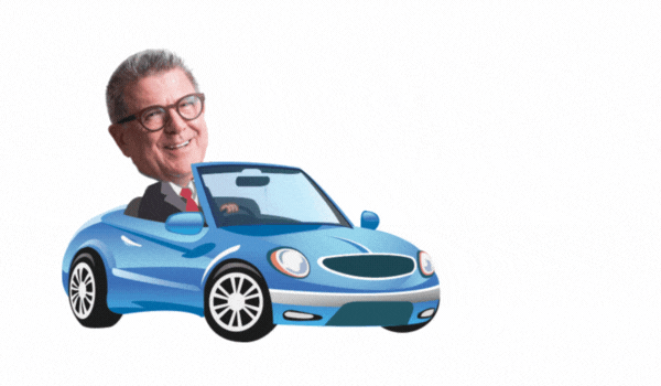 gif of Tom Ahern's head in a blue convertible, bobbing up and down
